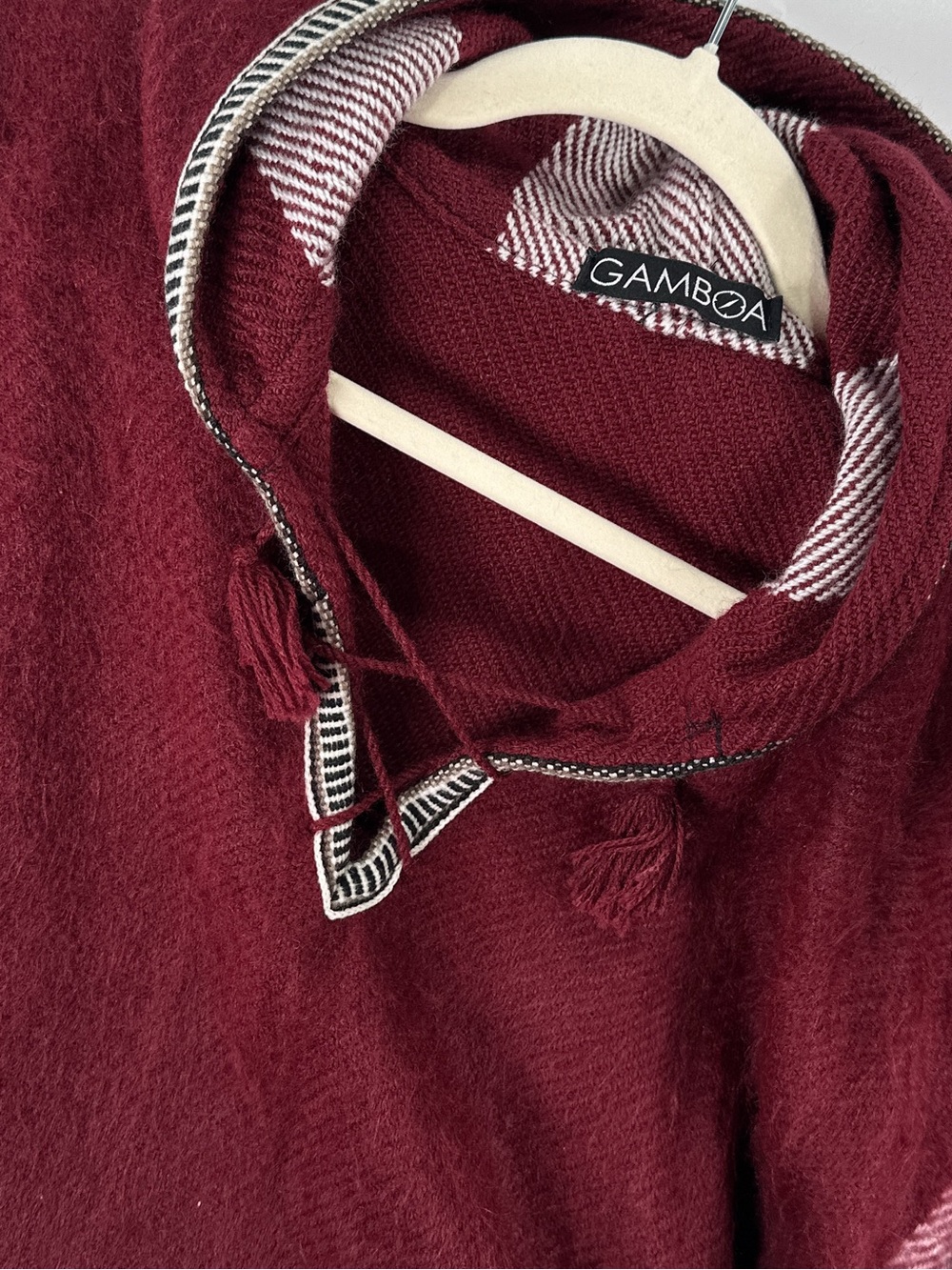 Gamboa Alpaca Wool Hooded Poncho Striped Fringe Made in Peru Burgundy OS - Picture 4 of 8